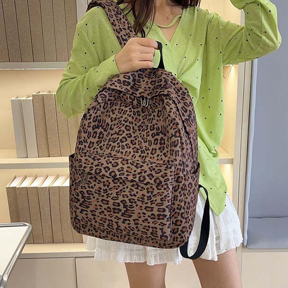 Nylon Students School Bag Retro Large Capacity Backpack Portable Leopard Print Backpack  for Gift