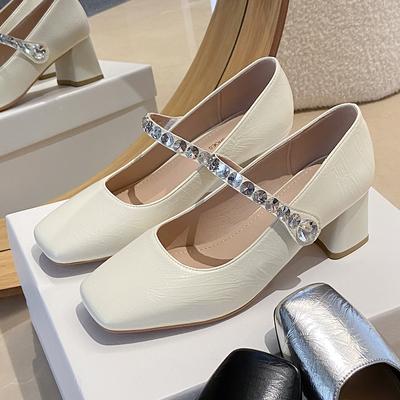Square Toe Marie Janes Shoes  Summer Crystal High Heels Shoes New Designer Brand Dress Shoes Elegant Pumps Femme Zapatos