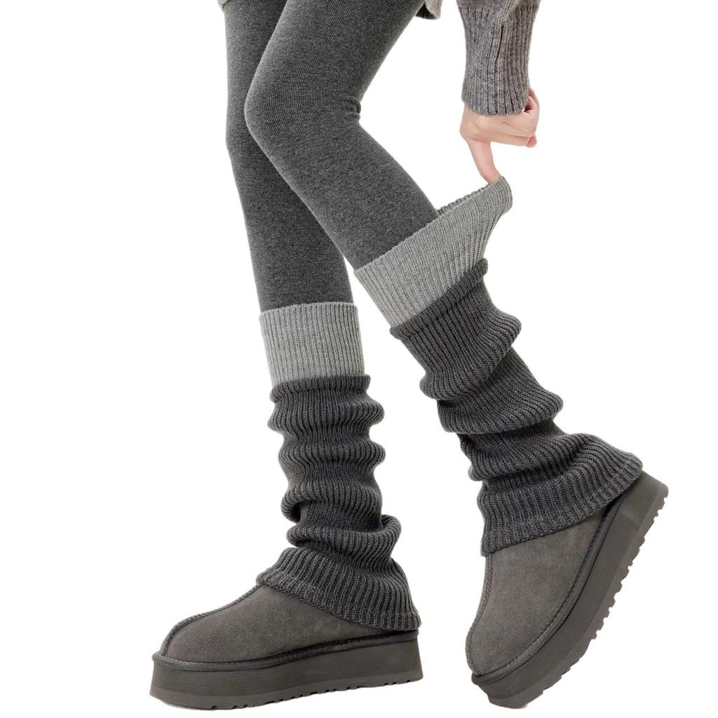 Knitted Socks Contrasting Color Splicing Gray Calf Socks Autumn And Winter Calf Covers With Snow Boots Slimming Socks