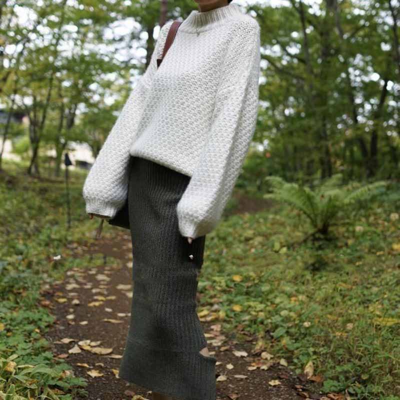 Soft White Sweater Women's Autumn and Winter Thick Round Neck Bubble Sleeve Soft Style Loose Knit Autumn and Winter