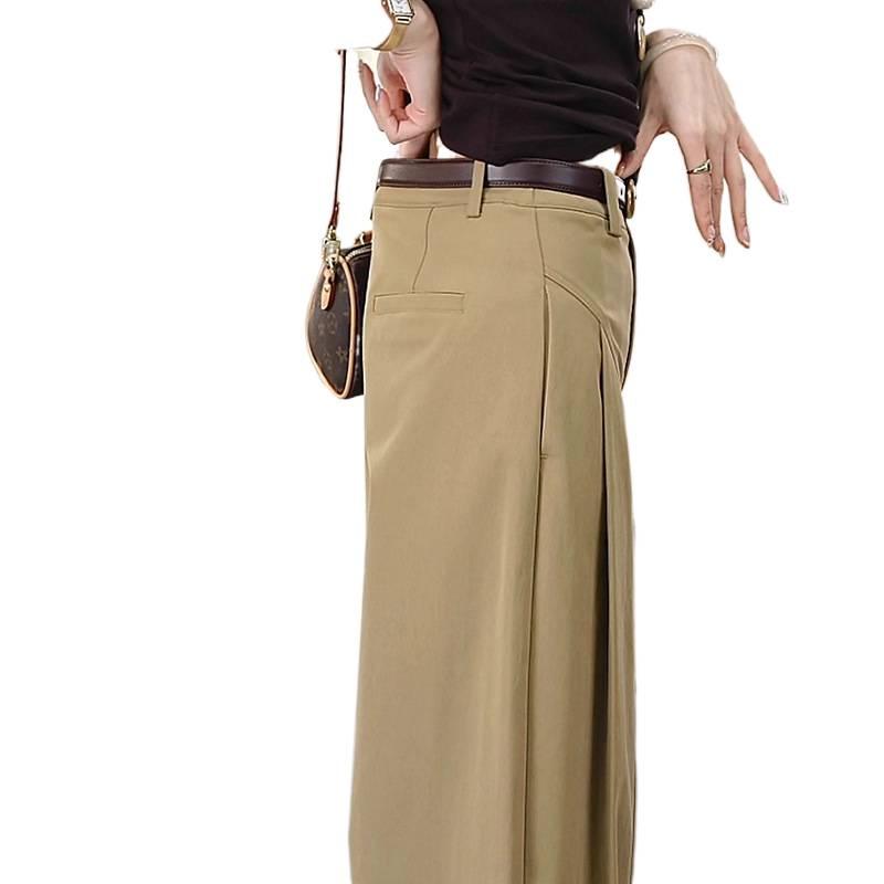 Women's High-Waisted Khaki Wide-Leg Pants with Side Pleats - Slimming, Trendy Fashion for Spring & Autumn 2025