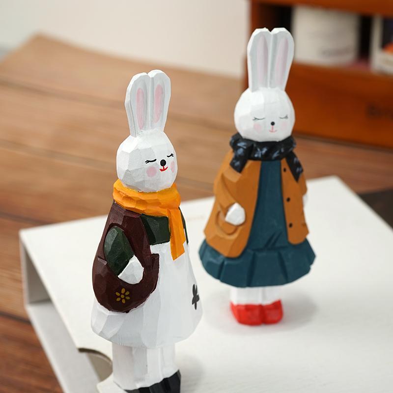 Handmade Princess Rabbit Wooden Carving Mini Statue Cute Cartoon Office Desk Decor Gift for Women