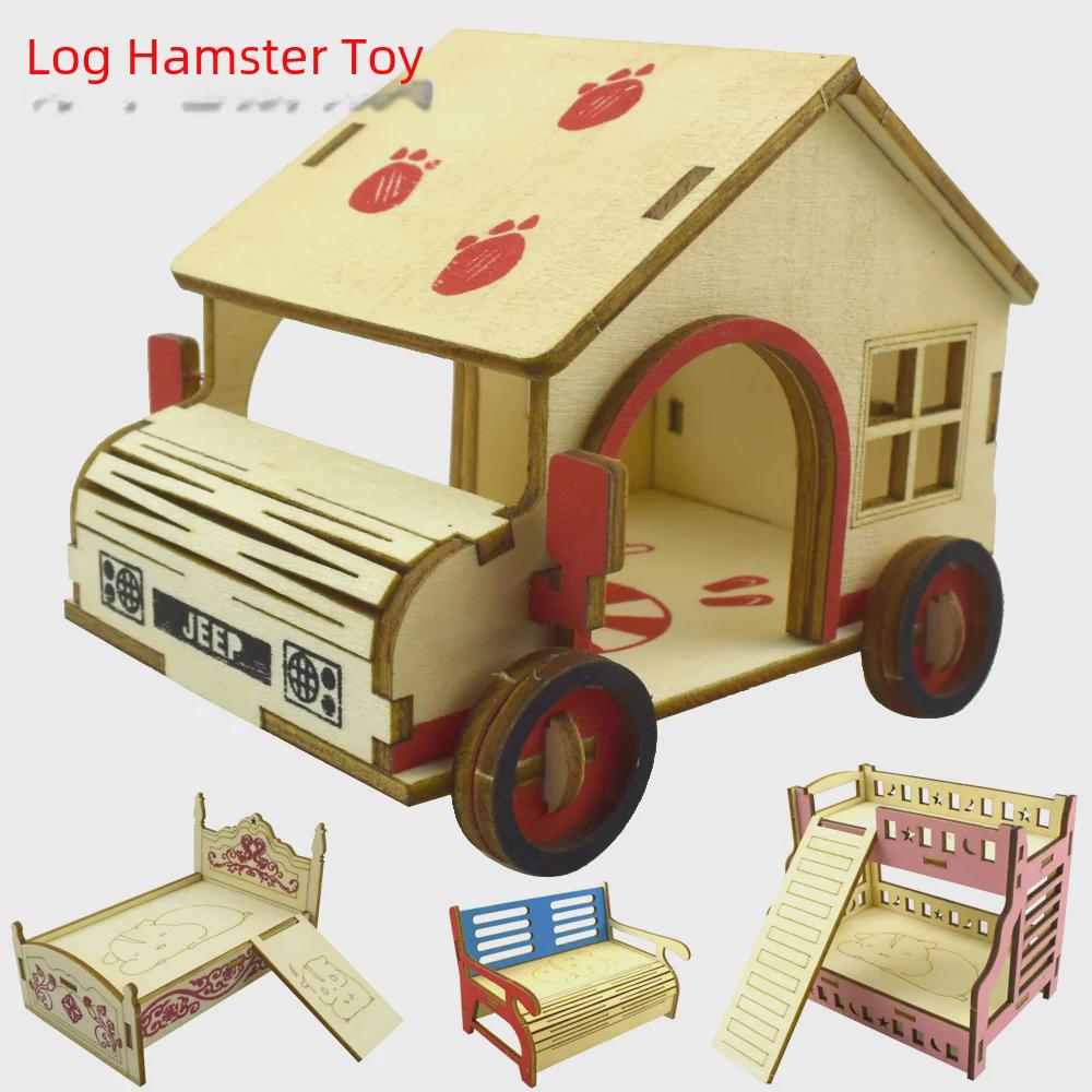 Solid Wood Hamster Climbing Frame Car House with Stairs and Platform Nest Fence for All Seasons.