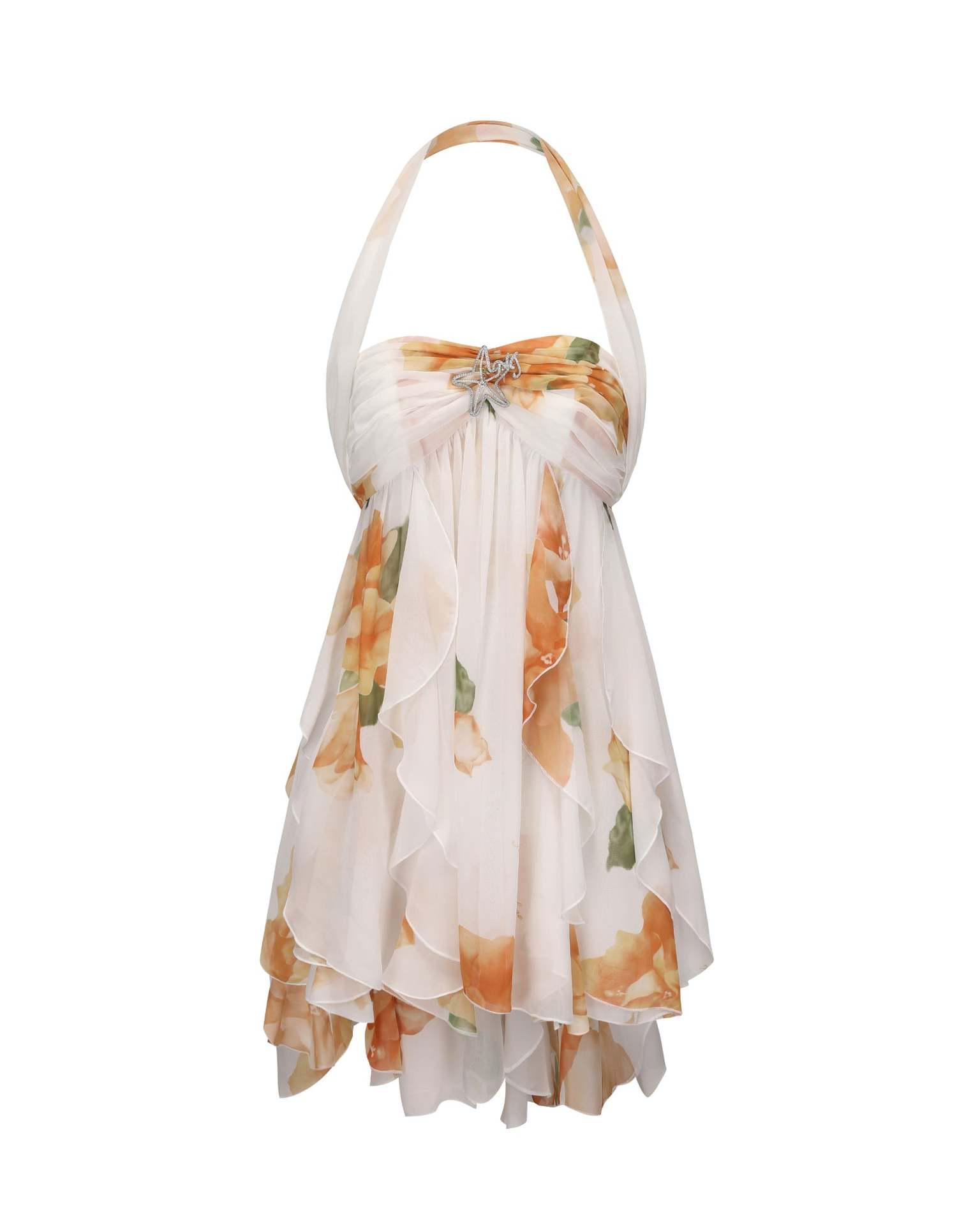 European Chiffon Print Bandeau Fairy Dress: Sexy Backless Resort-Style Mini Skirt Medium