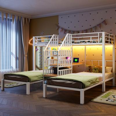 Etagenbett, 90 x 200 cm, 3 Betten, LED-Lichtleiste, Integrierte Leiter mit Stauraum, 2 USB-Anschlüsse + 1 Steckdose, Schreibtisch, Regal, ohne Matratze, Weiß