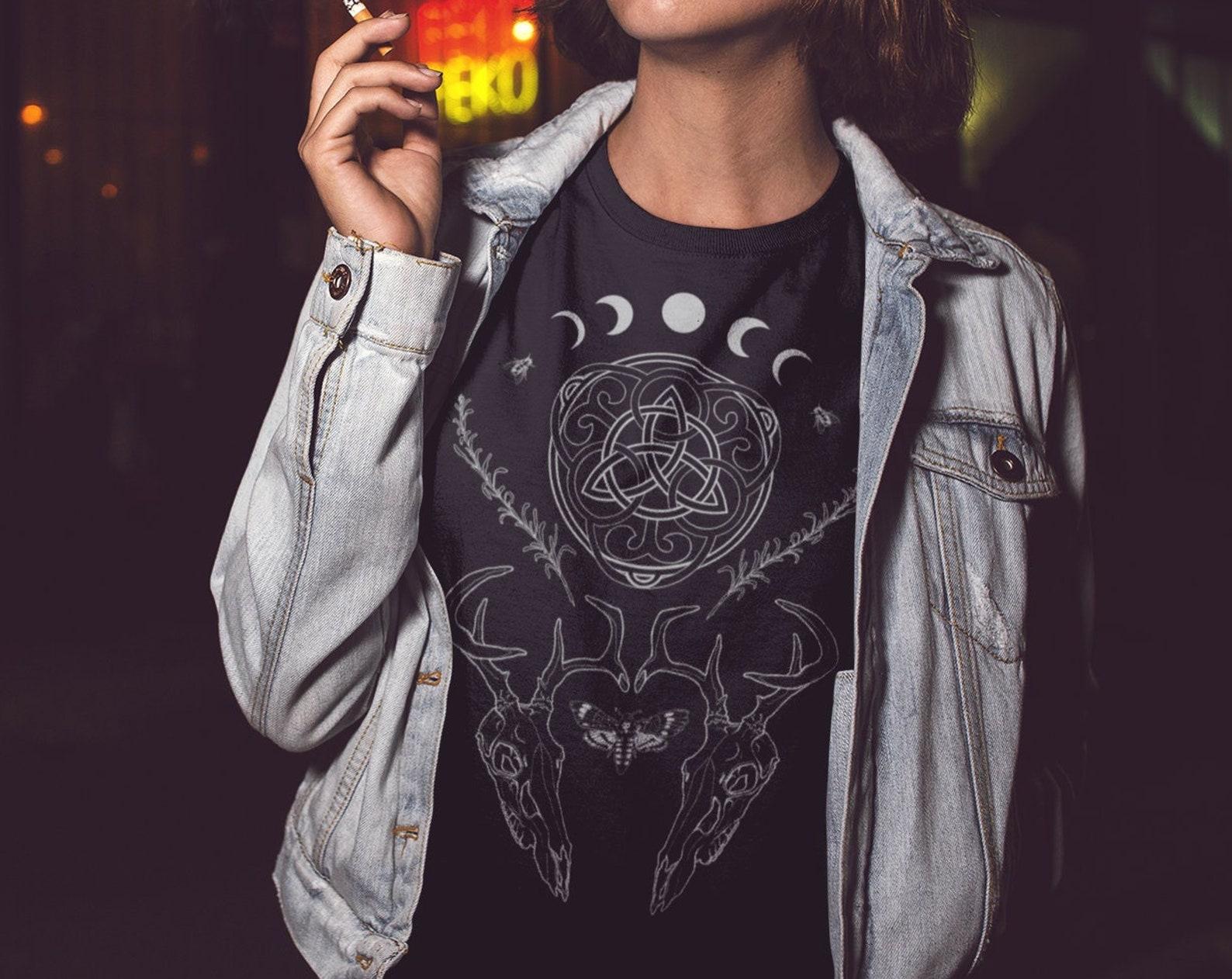 Moon Phases Celtic Symbol Deer Skull Moth T-Shirt/Triquetra T-Shirt/Triskelion T-Shirt/Gothic Punk T-Shirt/Unisex Adult Clothing/Occult Art/ 2XL