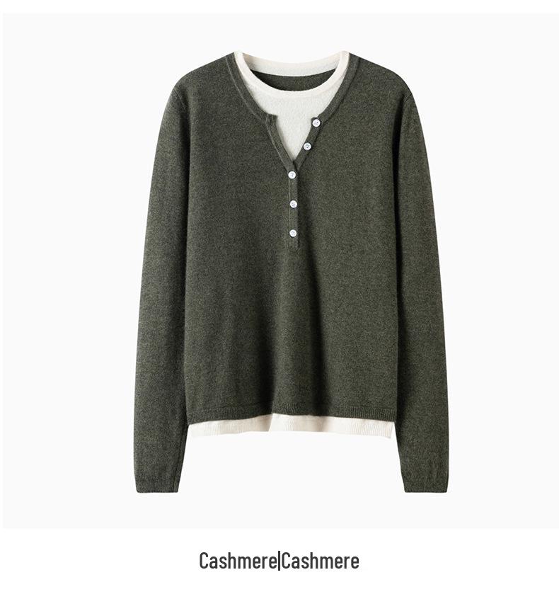 Women's Cashmere Color Block Knit Top: Autumn and Winter Pullover, Round Neck, Fake Two-Piece Design.