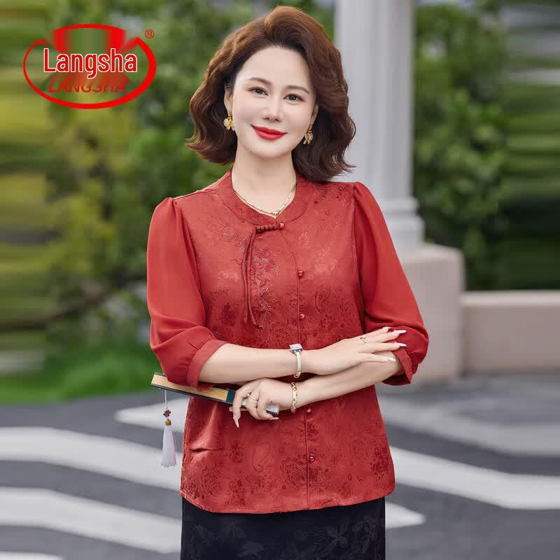 LangSha New Chinese Style Floral Blouse for Mid-Aged Women 4XL