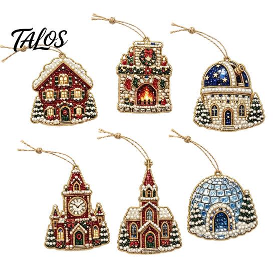 Festive Resin Rhinestone Ornaments 6 Pcs Christmas DIY Faux Pearl Painting Kit Ornaments, Art Seasonal Hanging Decor Tree Decoration with Jute