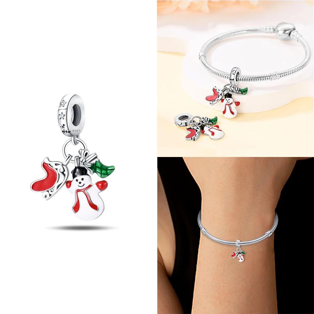 Charms Original Christmas Tree Snowman Red Gift Snowflake Beads Fit Bracelet Copper Jewelry Women Diy Necklace