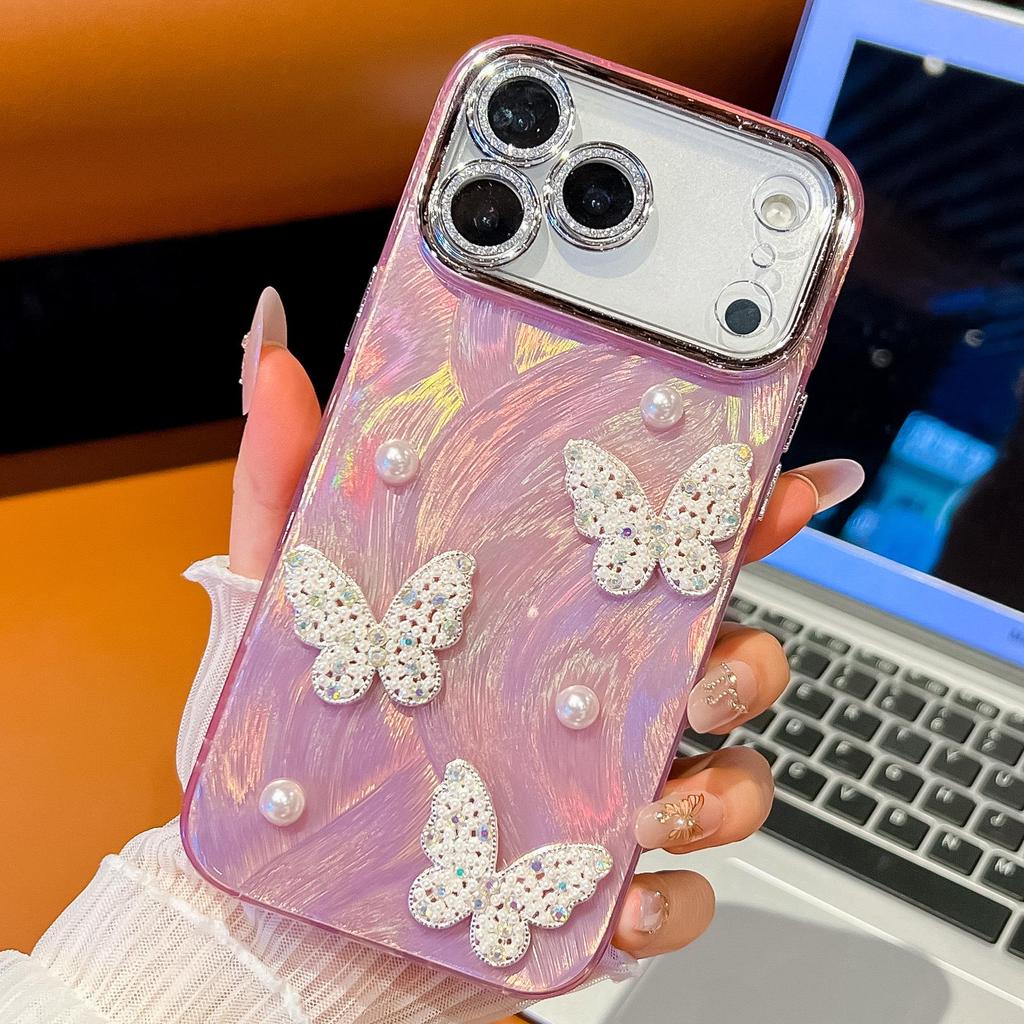 Compatible with Apple 17 Pro Max: Pearl Butterfly Drop-proof Shell Pattern iPhone 16 Double-sided Film IMD Case