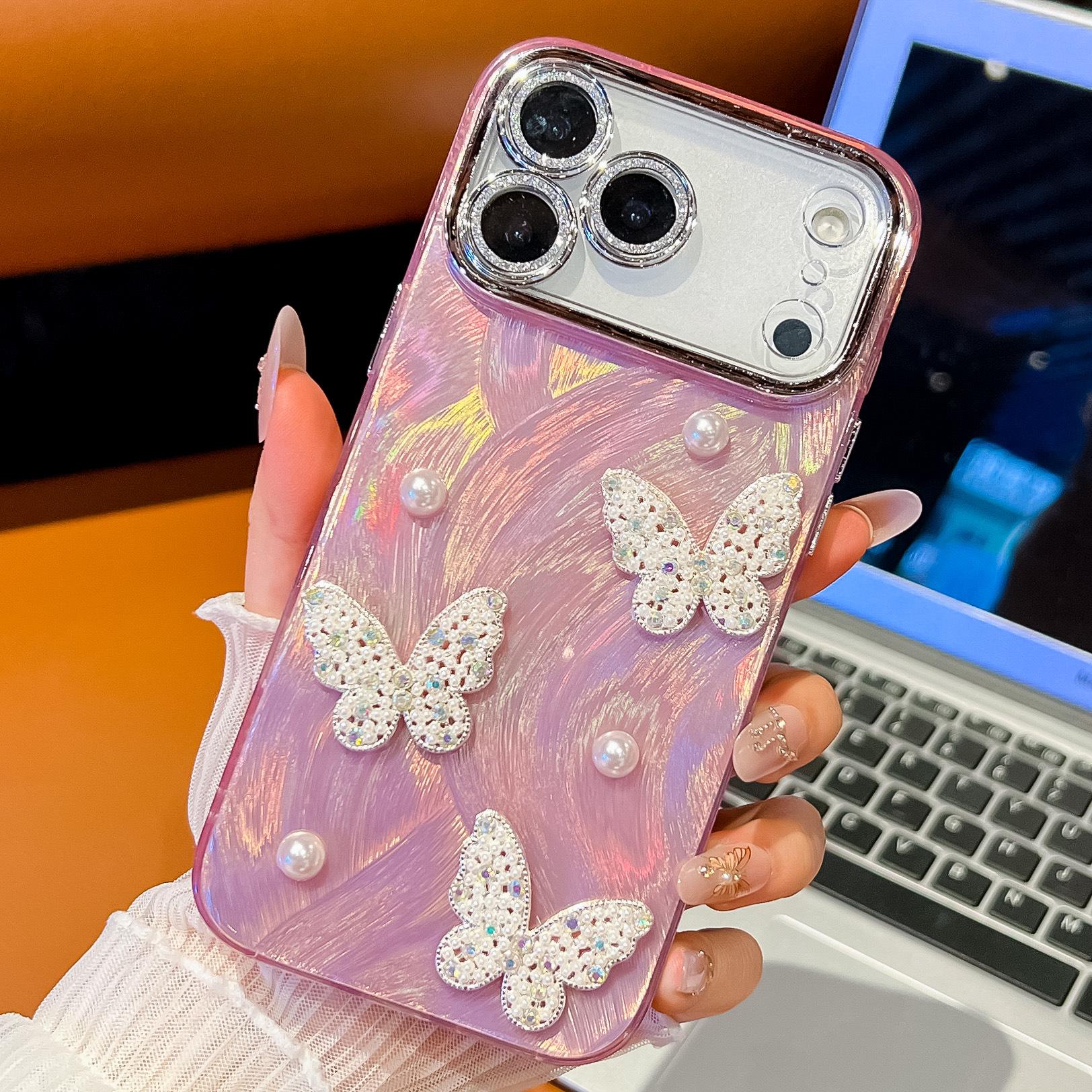 

Compatible with Apple 17 Pro Max: Pearl Butterfly Drop-proof Shell Pattern iPhone 16 Double-sided Film IMD Case iPhone 13