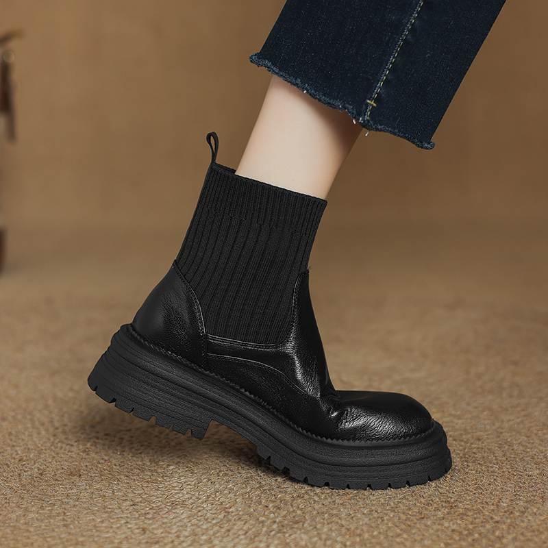 Krazing Pot Sheepskin Winter Round Toe Chunky Heels Fashion Motorcycle Boots Women Slip on Kniting Platform Ankle Boots
