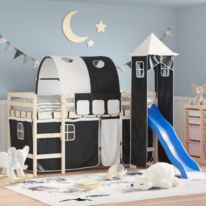 Rideaux pour lit Mezzanine - vidaXL - Tunnel et Tour - Polyester - Blanc et Noir - Moderne