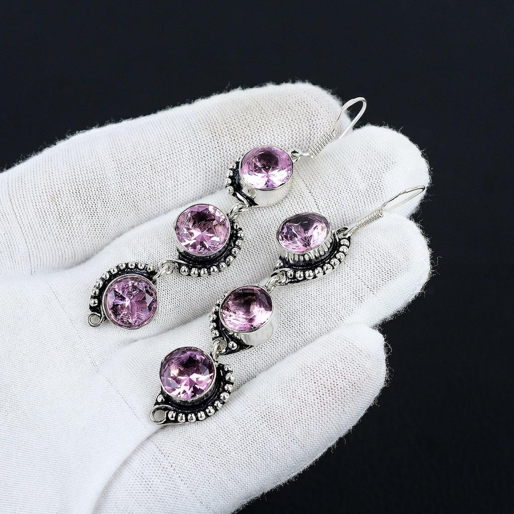 Rosa Kunzit-Edelstein, handgefertigt, 925er Sterlingsilber, Schmuck-Ohrring, rosa Kunzit-Ohrring für Frauen, Schmuck für Geschenke, handgefertigter Schmuck-Ohrring