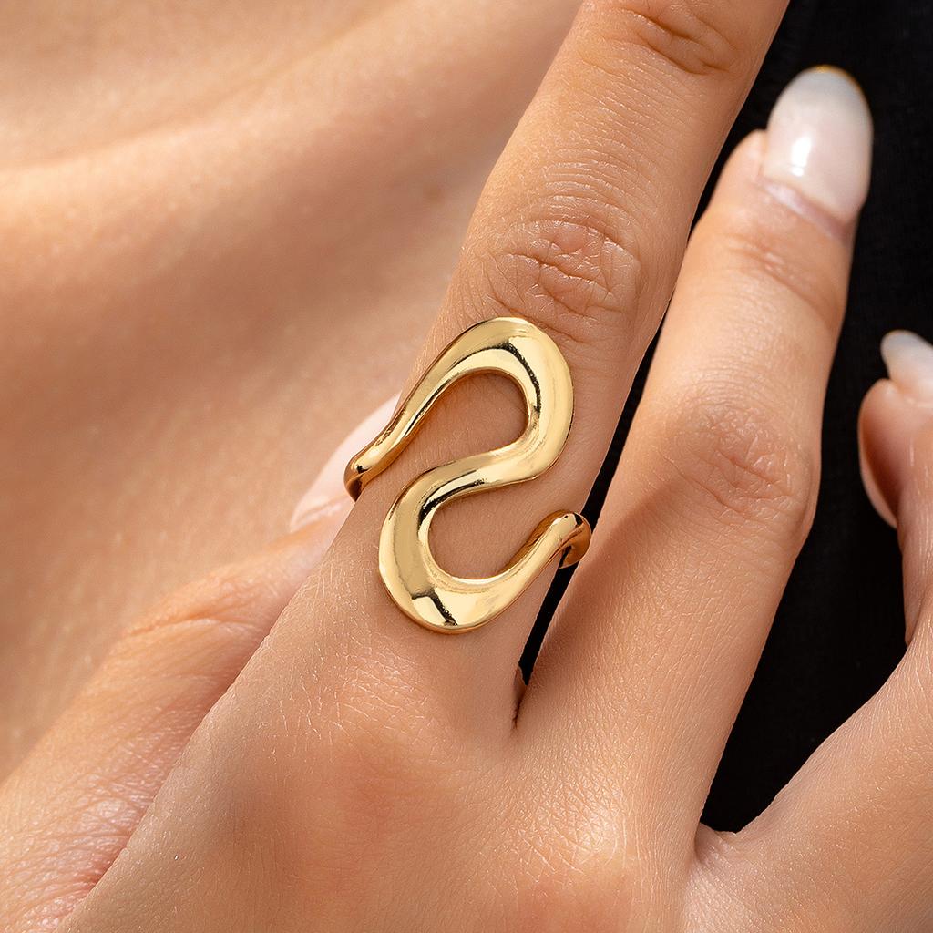 Gold Color Stainless Steel Curved Rings for Women Vintage Irregular S-Shaped Open Ring Waterproof Wedding Aesthetic Zircon Gift