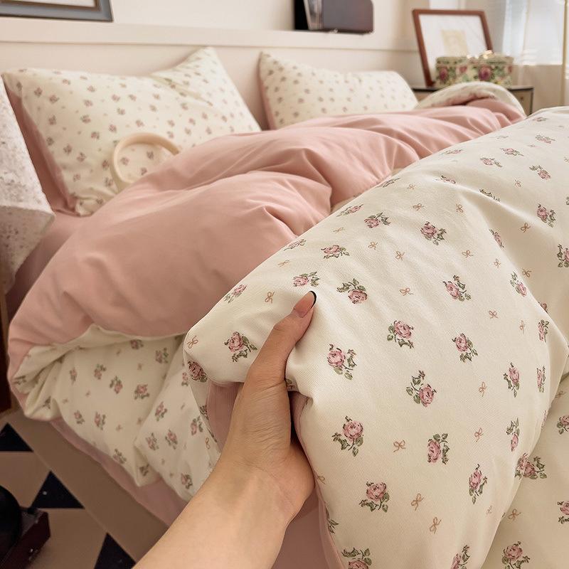 Class A Maternal And Infant Grade Knitted Cotton Double-Layer Yarn Four-Piece Set Simple Floral Bed Sheet Quilt Cover Dormitory 3Pcs Set Factory