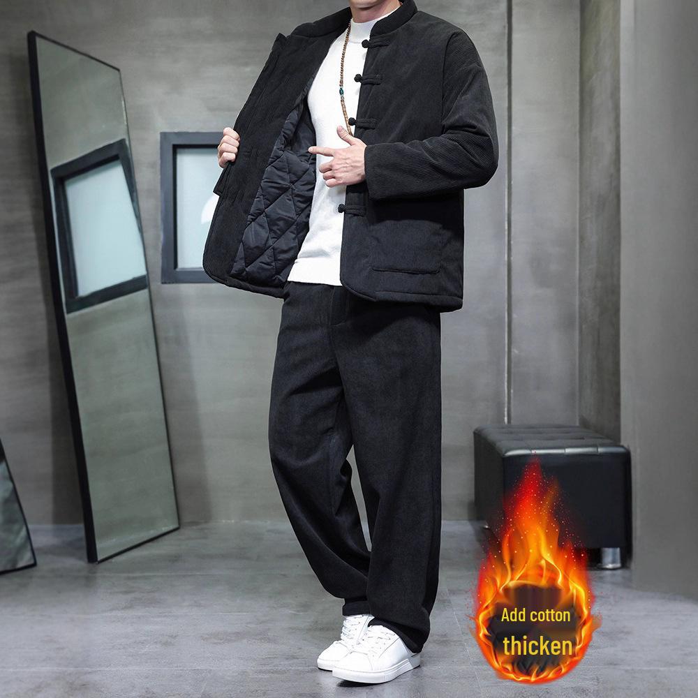 Men's Winter Chinese Style Corduroy Cotton Tang Suit - Thick, Warm Jacket Set