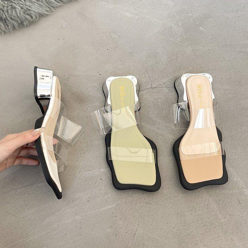 Fashion versatile women's design sense niche transparent cool slippers thick heel 2025 new popular slippers women's summer wear