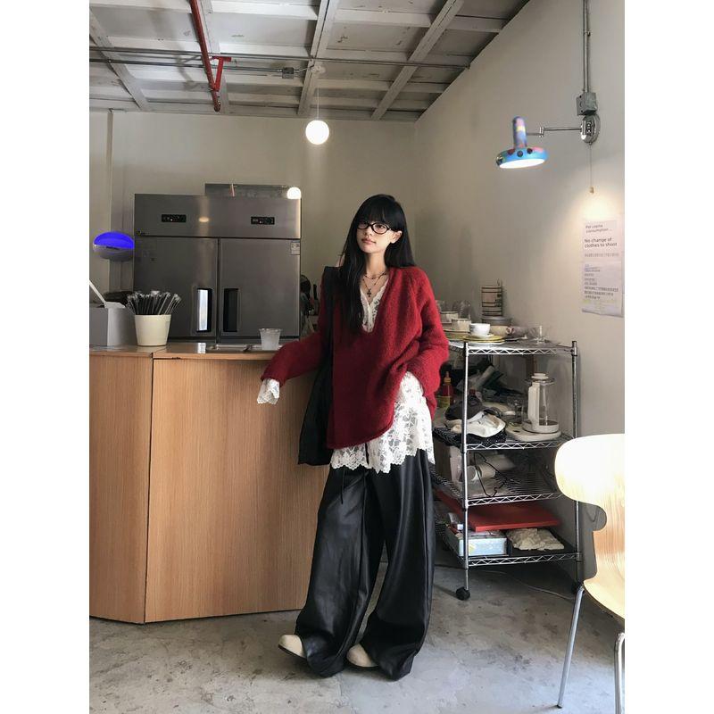 

Kumikumi Idle Style Curling Loose Long sleeve Sweater Women clothes Autumn Age-Reducing Chic Slimming Knit Top Lace backing One size