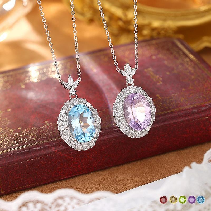 Natural crystal stone oval pendant s925 silver diamond mosaic design collarbone chain niche light luxury fashion jewelry gift