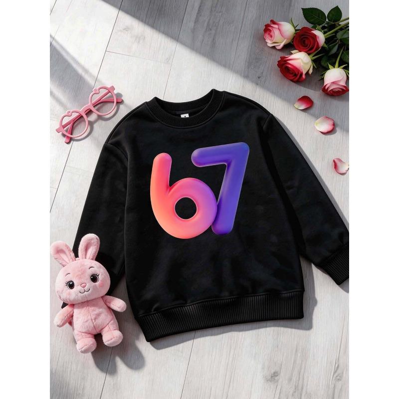 Kids Over 4Y Gradient 3D Bubble Number 67 Print Sweatshirt Unisex Boys Girls Glossy Pink Purple Digital Crewneck Sweat Top For 4-12 Years Old Children
