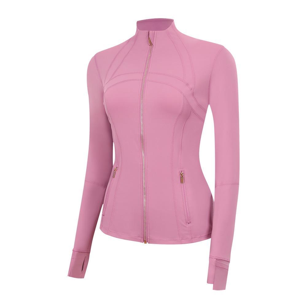 In Stock: LU Women's Slim Fit Yoga Jacket with Gold Zipper - Stand Collar Running Top