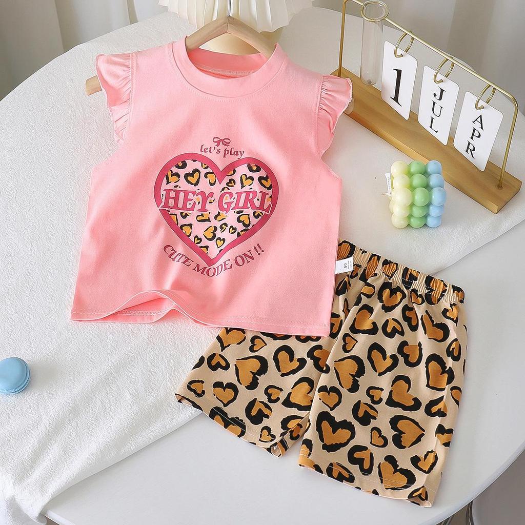 Girls' Summer Flutter Sleeve Top & Shorts Set - Korean Style Two-Piece Children's Outfit