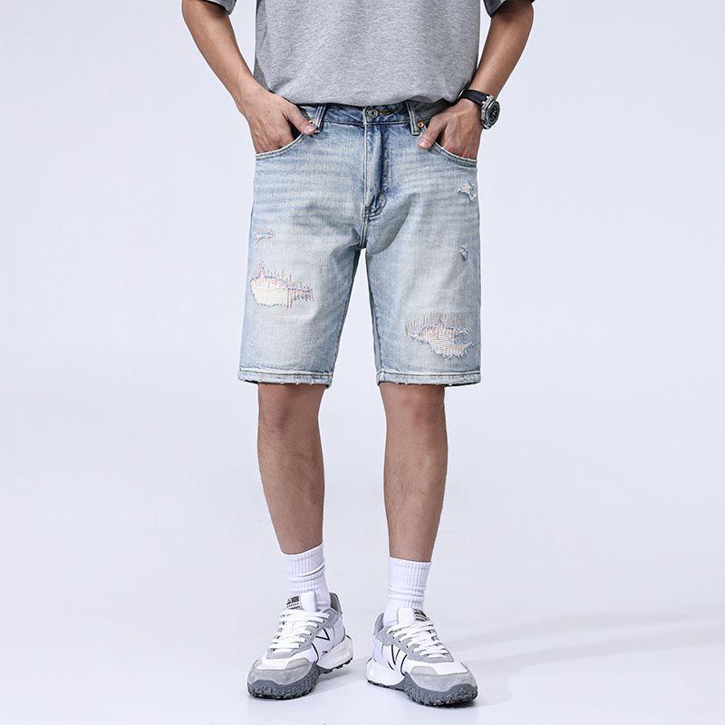 

Новые летние джинсовые шорты светлых тонов, мужские, приталенные, прямые, с завязками на средней посадке, рваные, пятиточечные 38