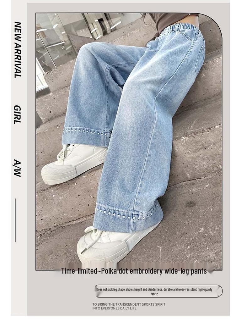 Girls' Spring & Autumn Straight Wide Leg Jeans - Trendy, Loose Fit for Elementary School Students