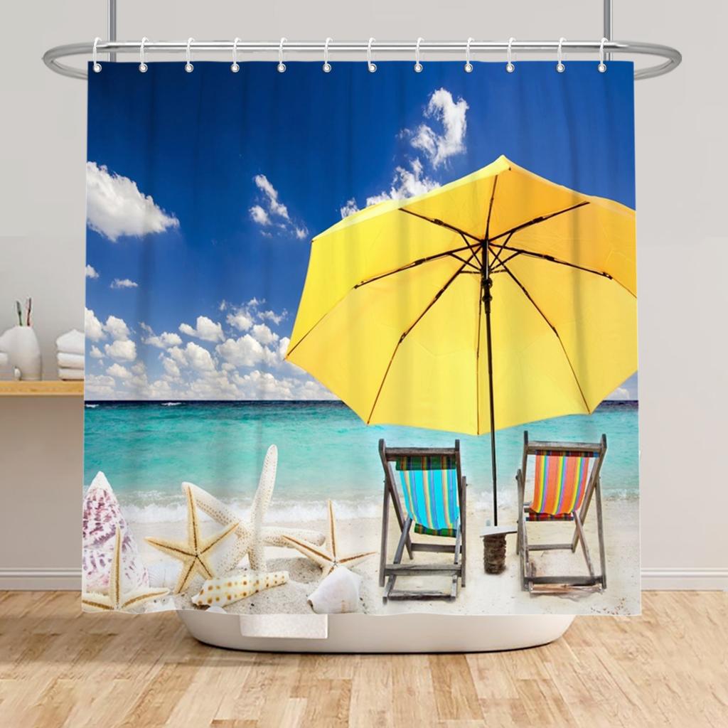 Beach Vacation Shower Curtain Tropical Palm Trees Ocean Waves Starfish Sandy Shore Pattern Waterproof Polyester Bathroom Decor