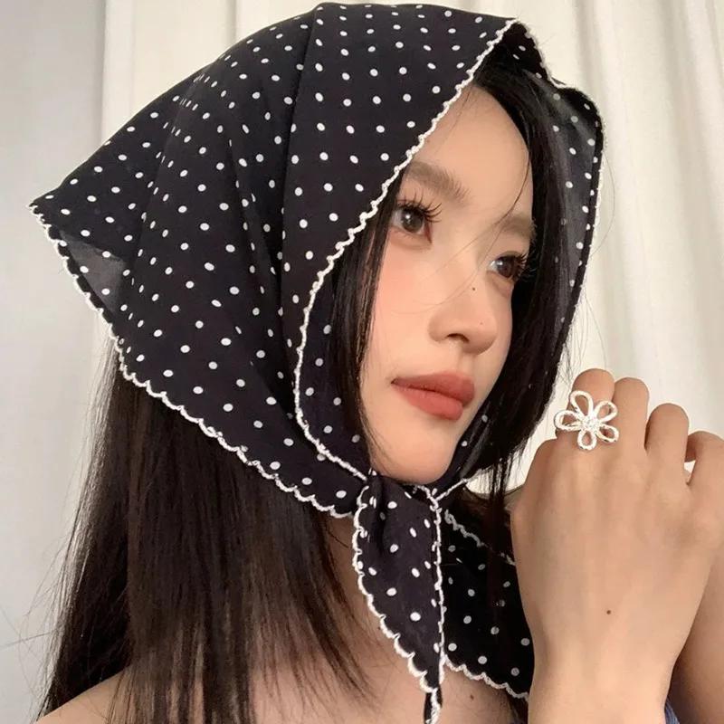 1pcs White Polka Dot Triangle Hair Scarf Wraps for Women Retro Triangle Headscarf Hat Travel Photo Headband Hair Accessories
