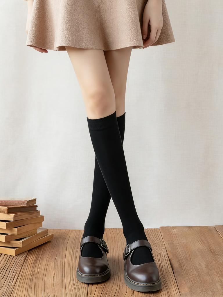 1 Pc Classic Black Velvet Calf Socks, Durable Breathable Hosiery Ideal For Jk Uniforms & Loafer Matching