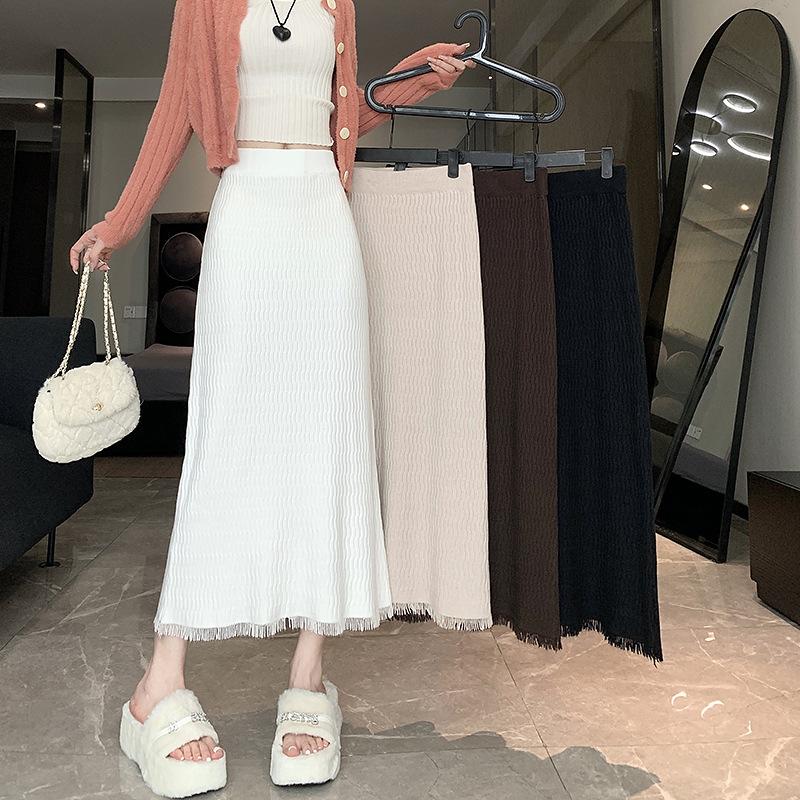 Stretch Fringe Knit Skirt Women Autumn Winter Midi Straight Bodycon High Waist A-Line Skirt