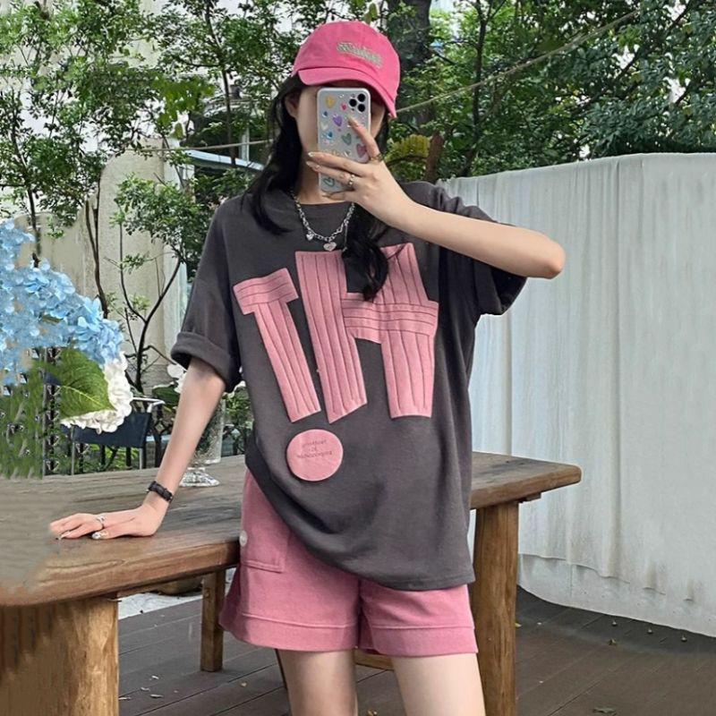 

Trendy Women s Summer 2025 Loose T-Shirt & Wide-Leg Shorts Two-Piece Set M розовый