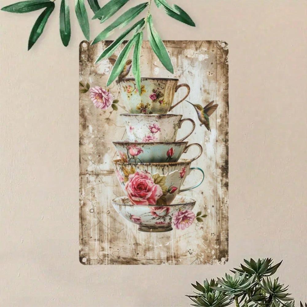 

1pc Tea Cup-Shaped Vintage Metal Wall Sign - Retro Floral & Hummingbird Design, Decor for Home/Cafe/Garden/Farmhouse 20x30cm（7.8x11.8inch）