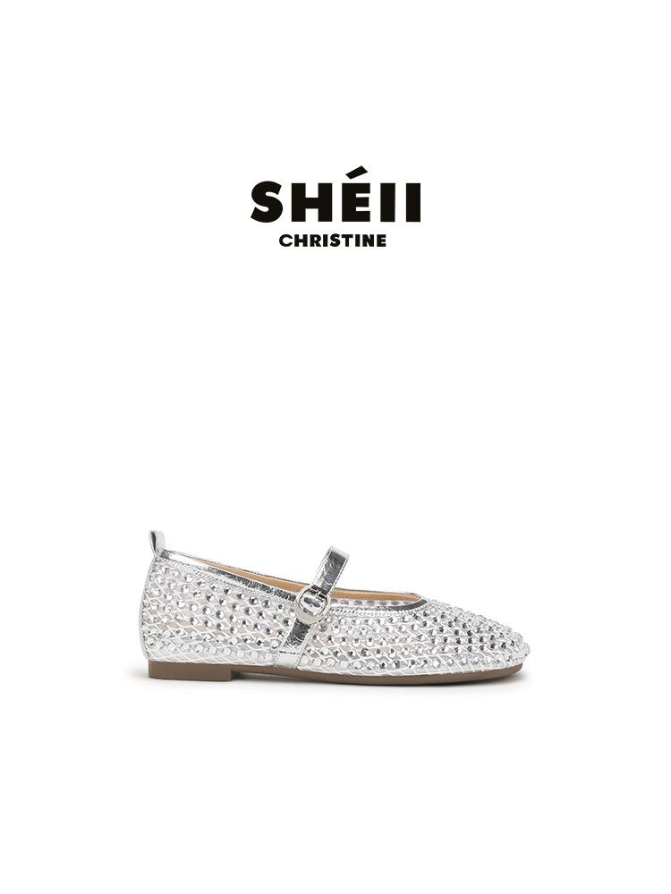 

Sheepskin~ Rhinestone mesh breathable flat shoes buckle Mary Jane shoes women s single shoes shallow mouth ballet shoes 35