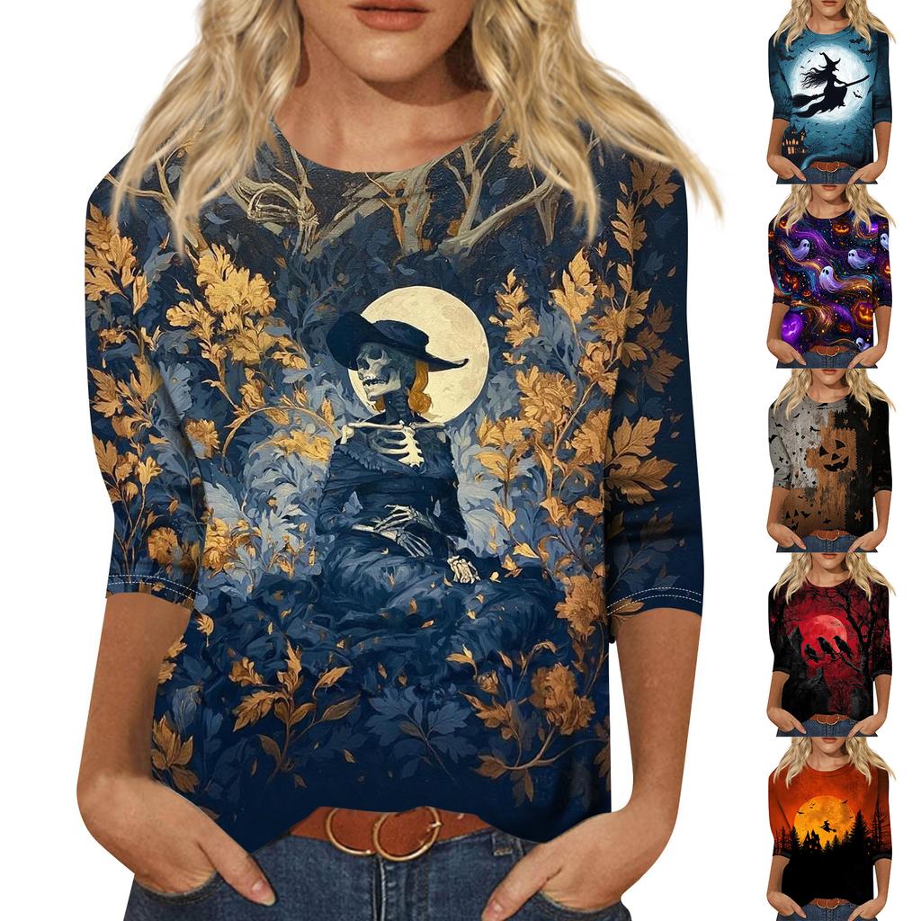 Women's Casual Halloween Printed T Shirt Crew Neck Three Quarter Sleeve Top Witch and Moon Graphic Design