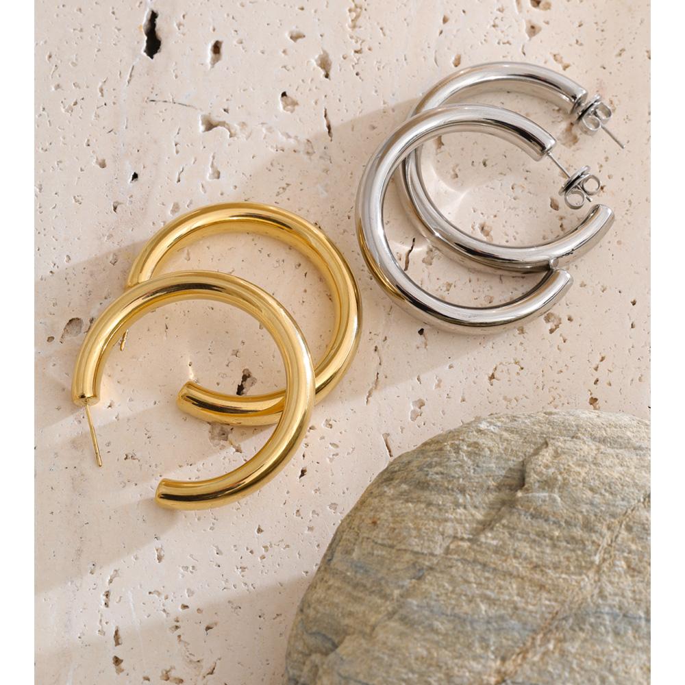 Yhpup 40mm Anti-allergy Stainless Steel C Shape Round Daily Metal Shiny Hoop Earrings Minimalist High Quality Waterproof Jewelry