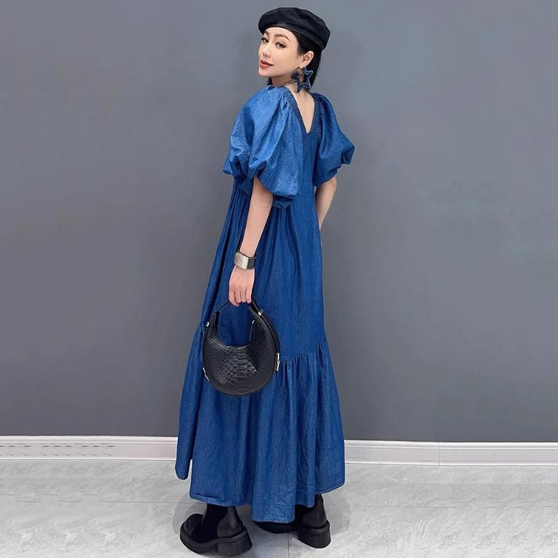 Xitao Pleated Patchwork Loose Denim Dress ZMY1278