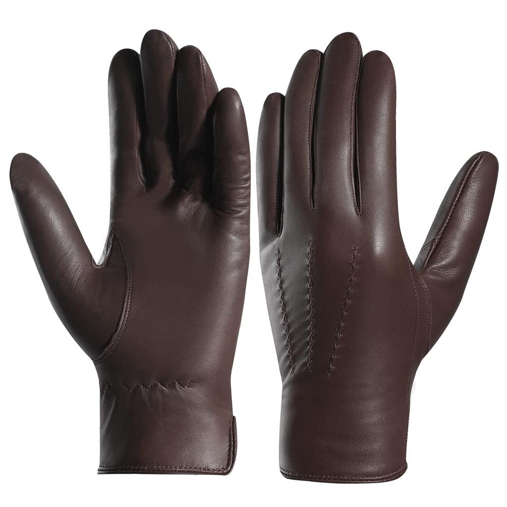 Harssidanzar Luxury Italian Sheepskin Leather Gloves with Cashmere Stitching for Size M Men's Warmth, Brown,