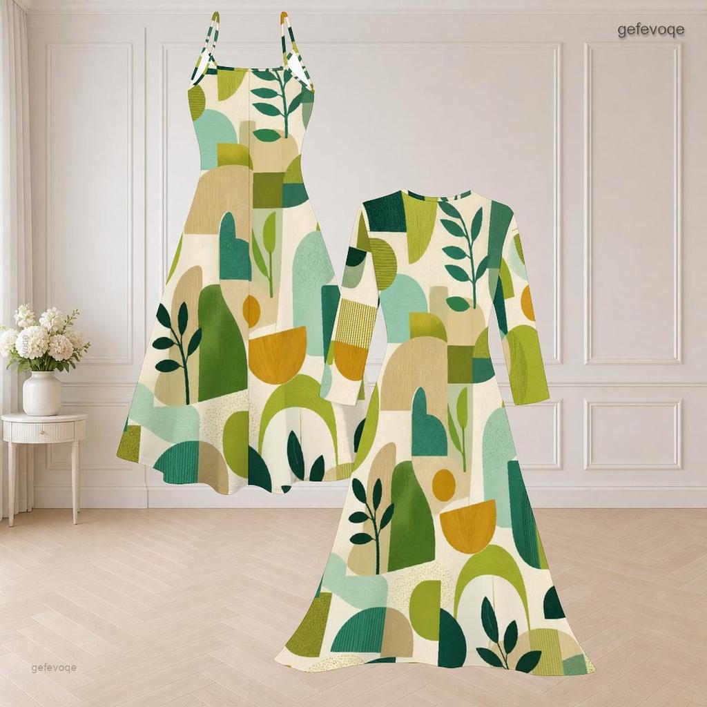 Women Plus Size Two Piece Set Geometric Leaf Printed Strappy V Neck Flared Dress And Long Sleeve Open Front Cardigan