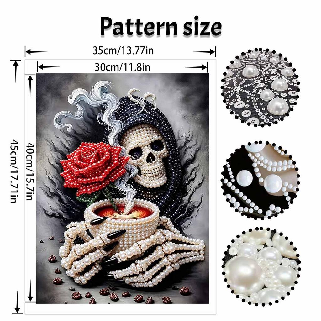 Frameless Pearl Painting Kit Gothic Skeleton Red Rose Coffee Pattern DIY Shiny Bead Canvas Creative Leisure Craft Gift for Adults
