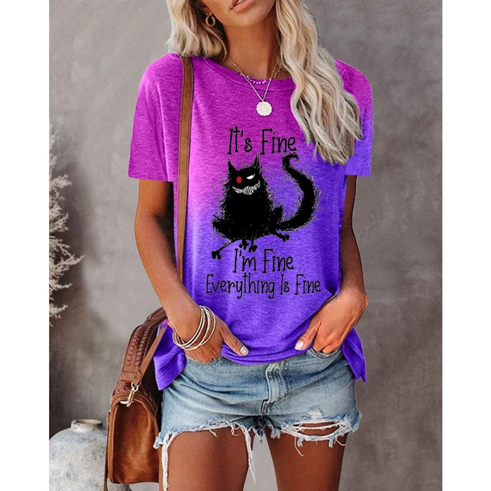 Damen-T-Shirt mit Katzenaufdruck, lockeres Kurzarm-Freizeitkleid, Oversize, Rundhalsausschnitt,