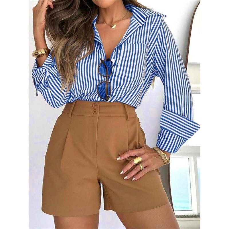 Women's Striped Button Down Shirt Long Sleeve Turn Down Collar Casual Blouse