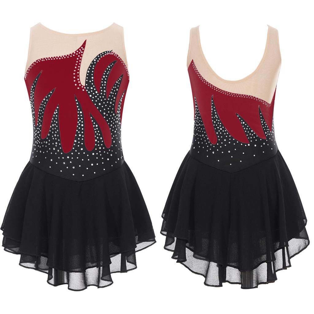 Kunstschaatsjurk, Hoge hals en lange mouwen Handgemaakt Strass Elasticiteit Kunstschaatskostuum, Dames Meisjes Training Competitie Prestaties Schaatsjurk,Rood,3XS