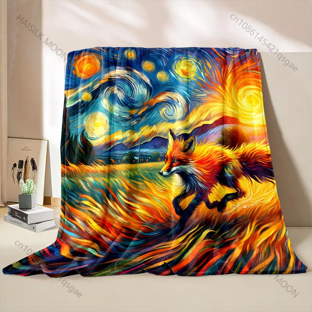 Multi-size Starry Night Running Fox Pattern Blanket Flannel Material Soft Warm for All Seasons, Home Outdoor Camping Picnics RV