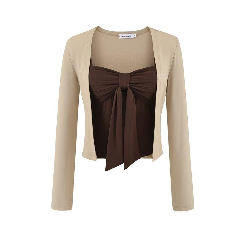 

Za New Fall Women s Clothing 2025 Fashion Style Fashion Short Blouse Outer Wear Knitted Two-Piece Vest Tops Apricot with Curry L