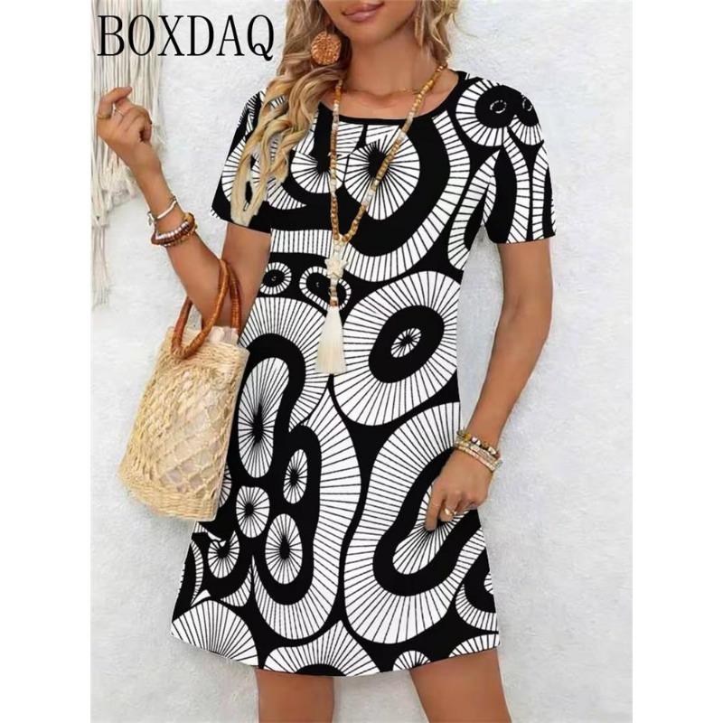 New Summer Women's Dresses Casual Short Sleeved Round Neck Abstract Pattern Printed Loose Dress