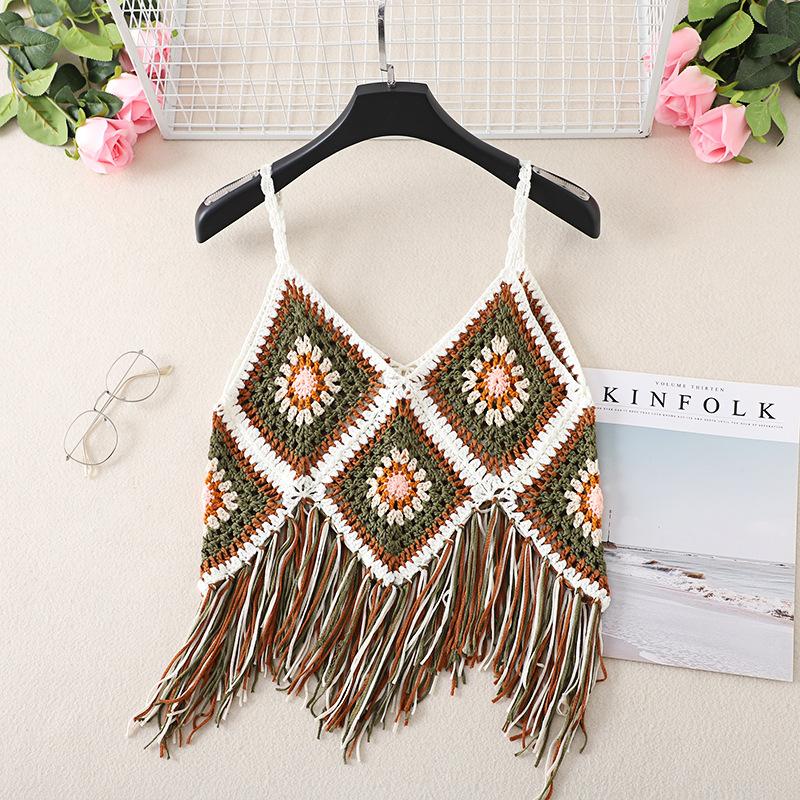 Summer Women's Camisole Ethnic Style Halter Pure Handmade Crochet Top Halter Bohemian Tassel Travel Holiday Vest